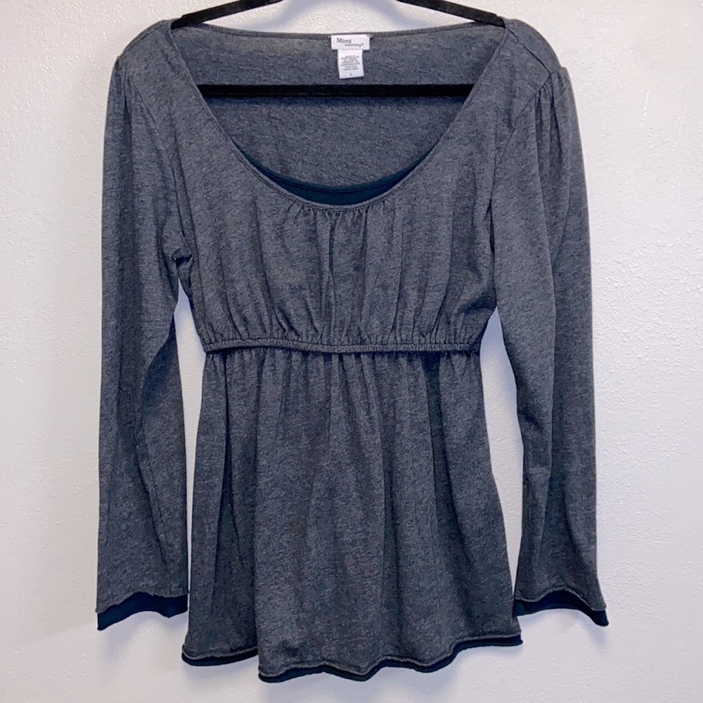 Mimi Maternity  Long Sleeve Gray Scoop Neck Discreet Nursing Top 4881